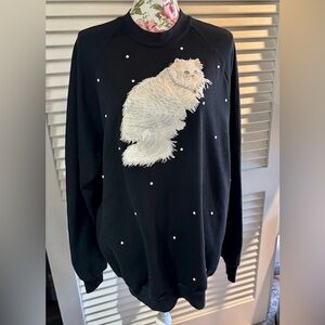 Vintage 80s 90s white Persian fancy Cat appliqué black sweatshirt with pearls